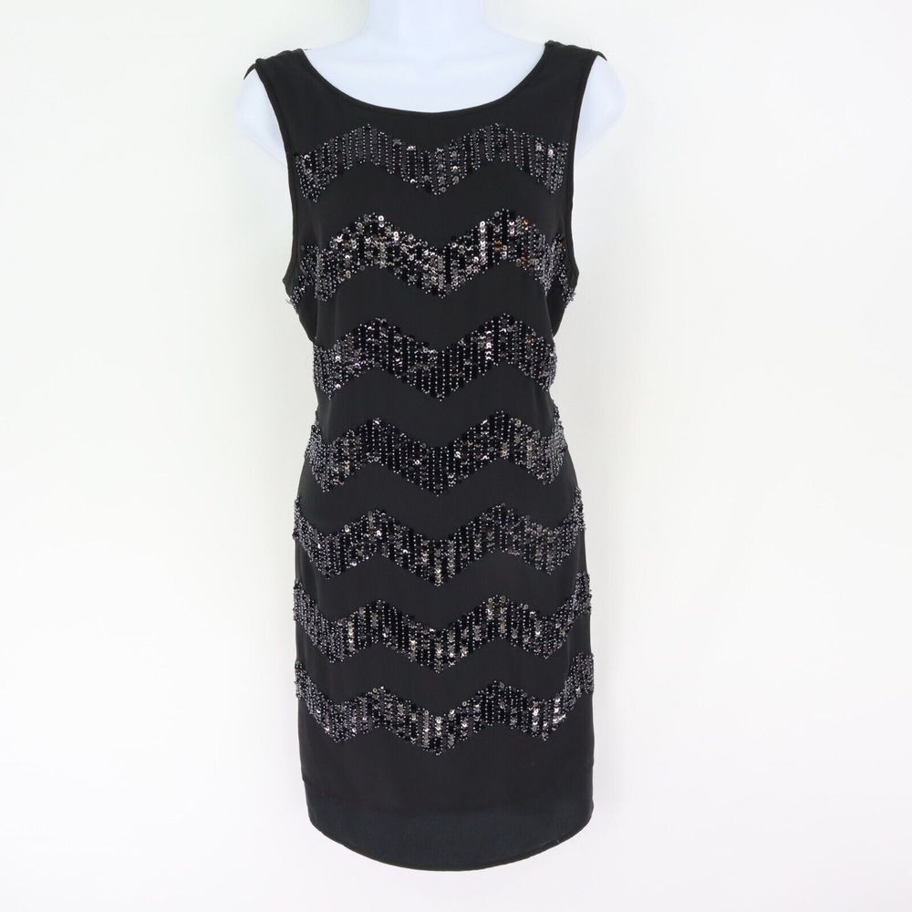 H&M Short Pencil Dress Sleeveless Womens Size 10 Black Polyester Zig Zag Sequins